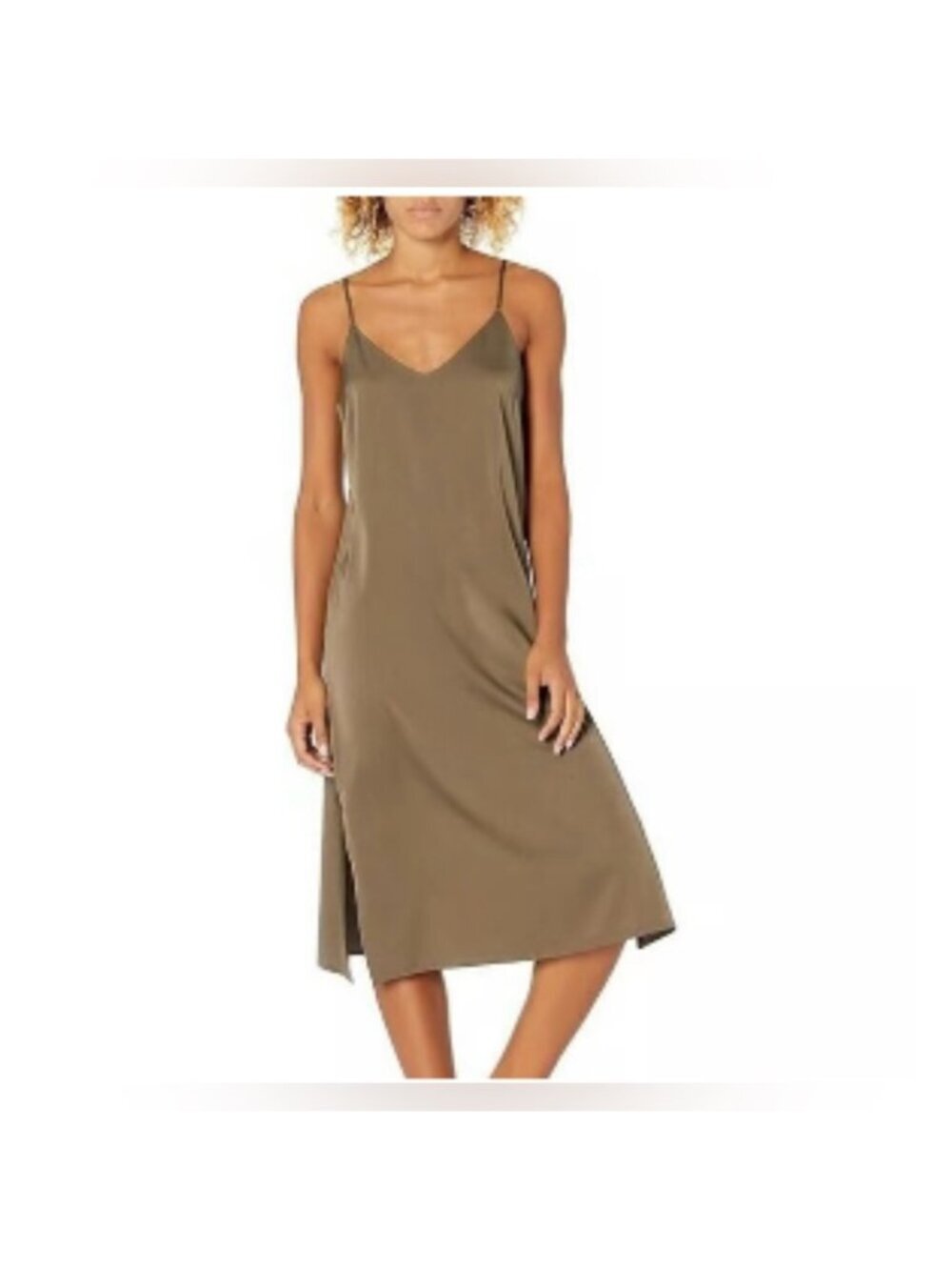 The Drop Ana Silky V Neck Midi Slip Dress Olive